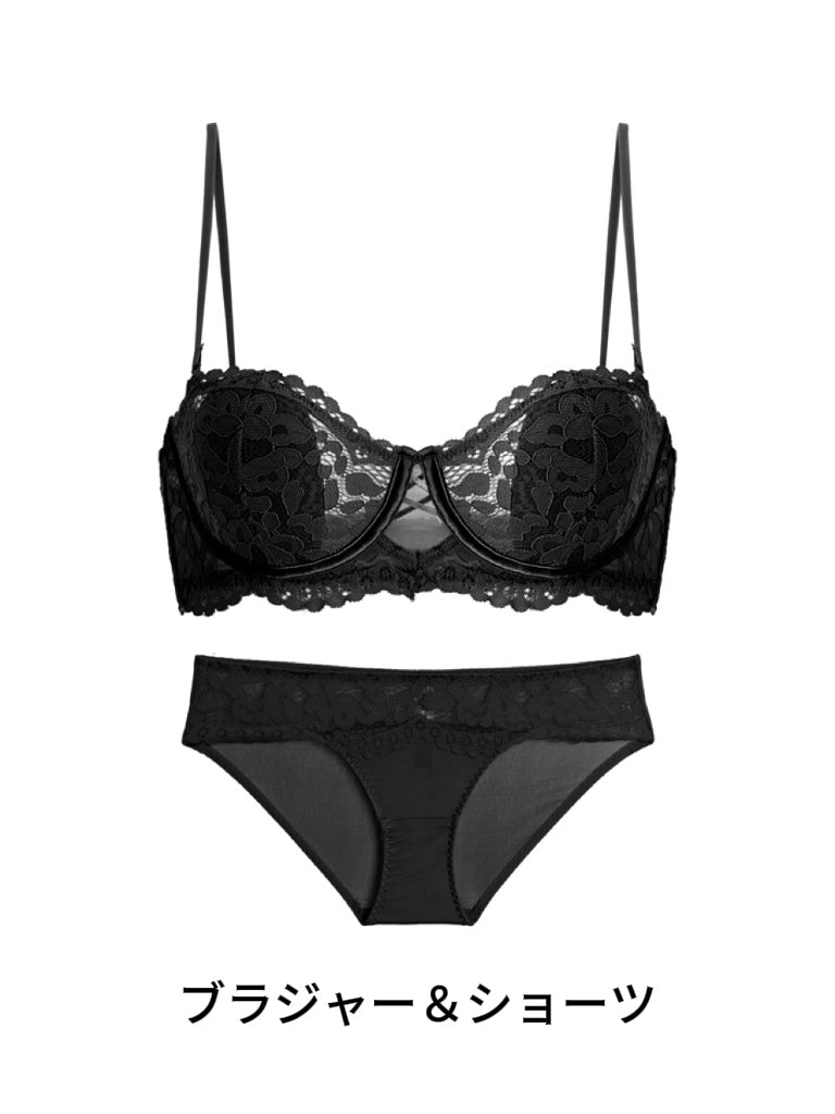 【ズレにくい・ワイヤー入り】ストラップレス 総レースブラ&ショーツ
