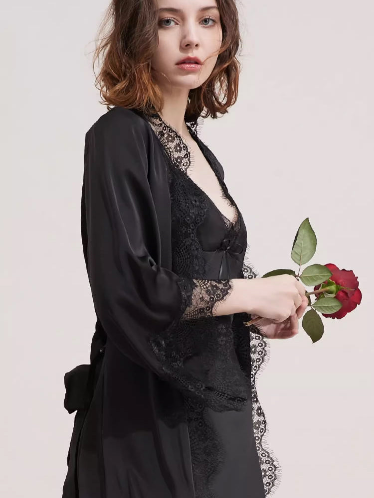 【ガウン】レース飾り長袖 ベルト付きガウン