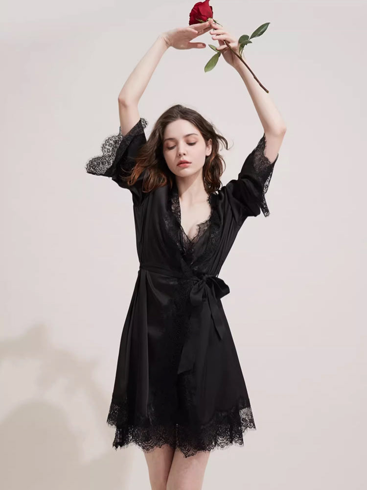 【ガウン】レース飾り長袖 ベルト付きガウン