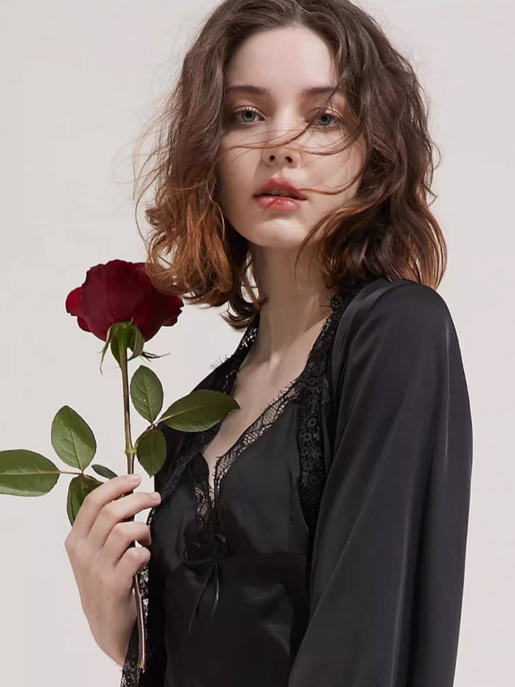 【ガウン】レース飾り長袖 ベルト付きガウン