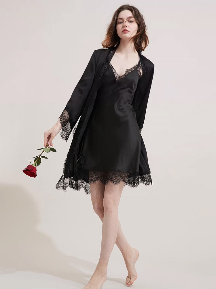 【ガウン】レース飾り長袖 ベルト付きガウン