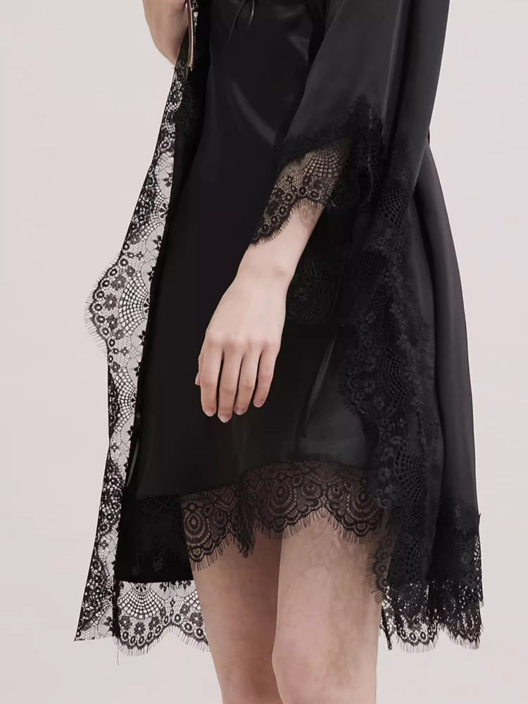 【ガウン】レース飾り長袖 ベルト付きガウン