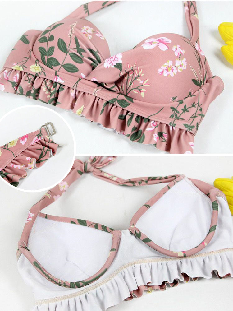 【ワイヤー入り】ホルダネックタイプ 花柄水着3点セット