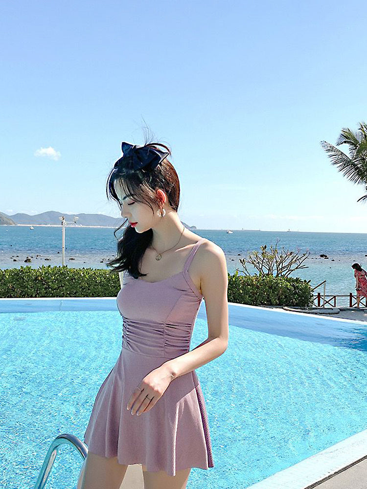 【ノンワイヤー】ウェスト細く見えシャーリングデザイン ワンピース水着