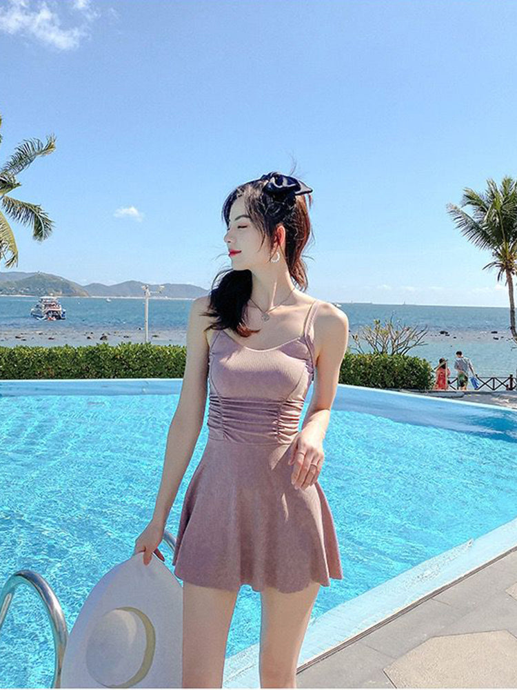 【ノンワイヤー】ウェスト細く見えシャーリングデザイン ワンピース水着