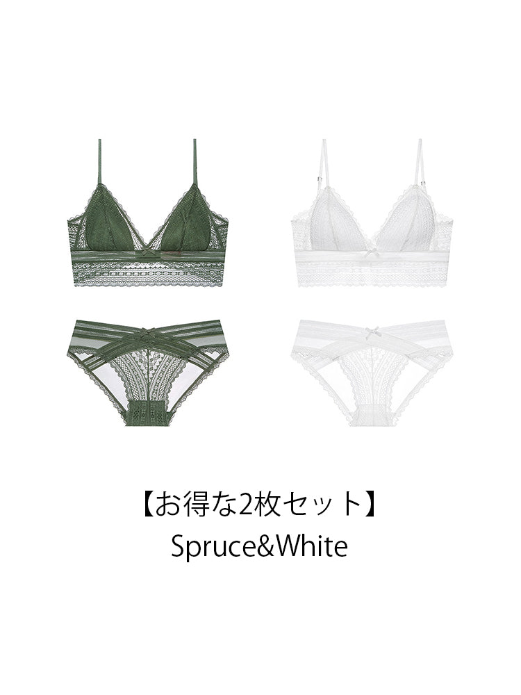 【Natural Fit】Vネック 総レースノンワイヤーブラ&ショーツ