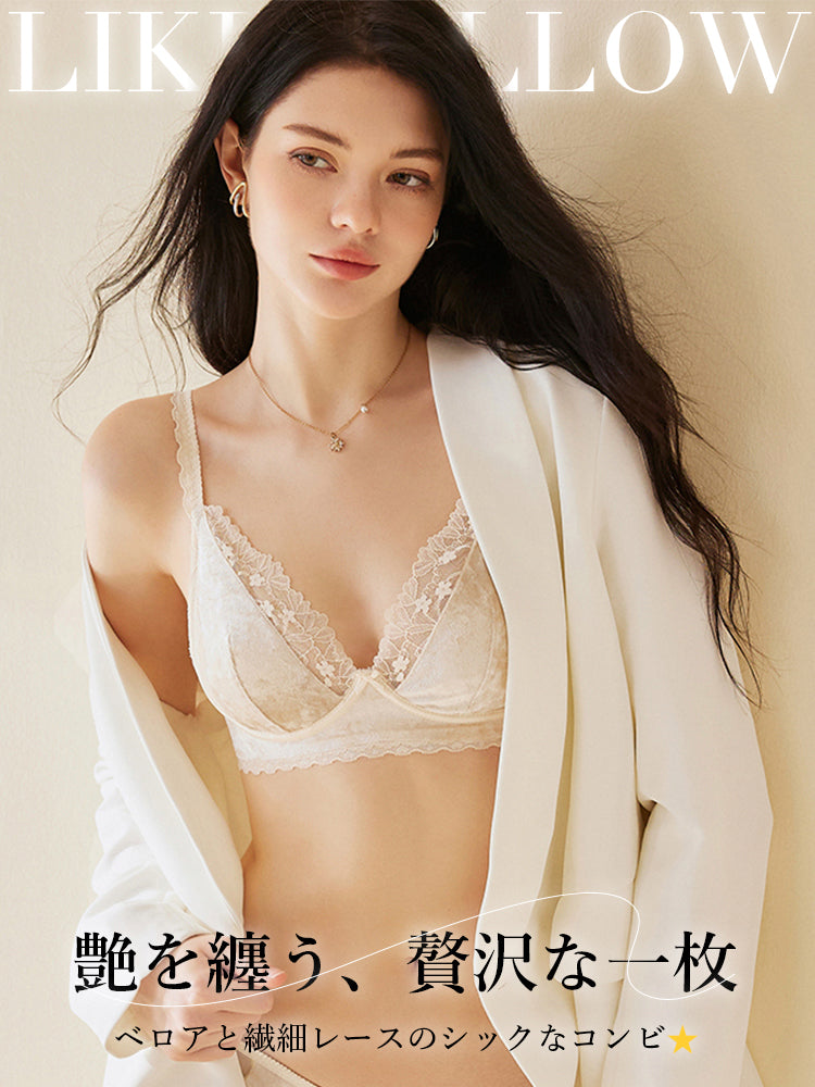 【エアリー・ノンワイヤー】上品な光沢のベロア＆レース ブラ＆ショーツ