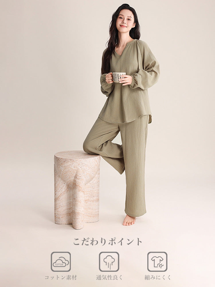 【コットン100％】ダブルガーゼ 薄手ルームウエア2点セット