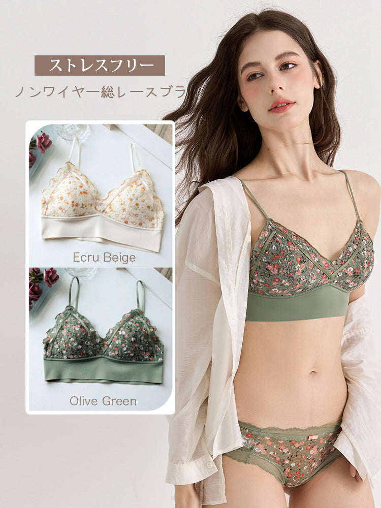 ノンワイヤー】繊細な花柄の総レースノンワイヤーブラ