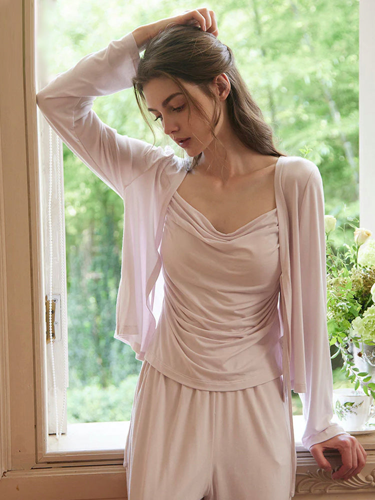 【1日の疲れを癒す】無地 ドレープデザイン ルームウエア3点セット