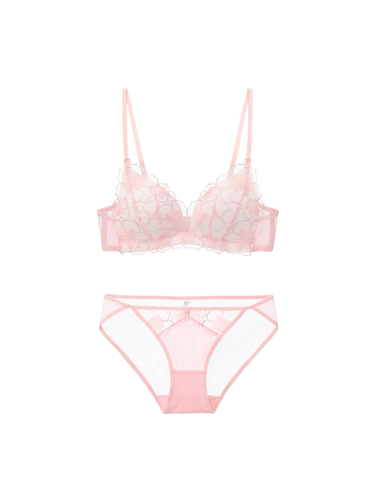 【ノンワイヤー】大花柄刺繍レース 美背中ブラ＆ショーツ