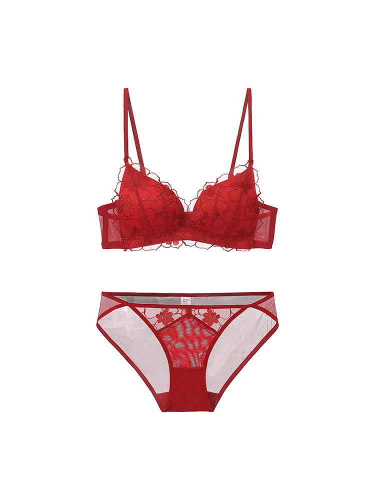 【ノンワイヤー】大花柄刺繍レース 美背中ブラ＆ショーツ