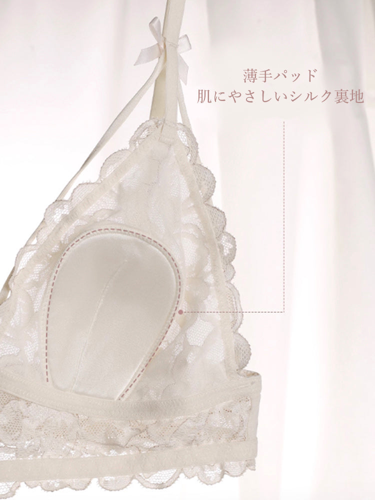 【エアリー・ノンワイヤー】ムレにくい 刺繍レース ブラ カップ肌側シルク裏地