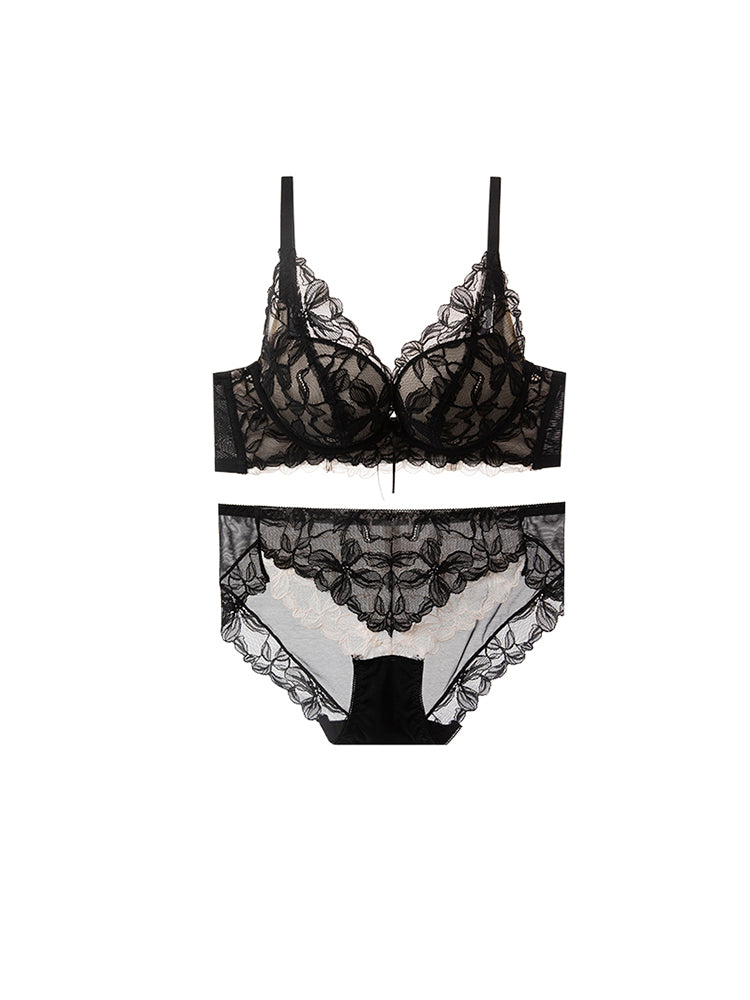 【ノンワイヤー盛れる】バイカラー花柄総レースブラ＆ショーツ