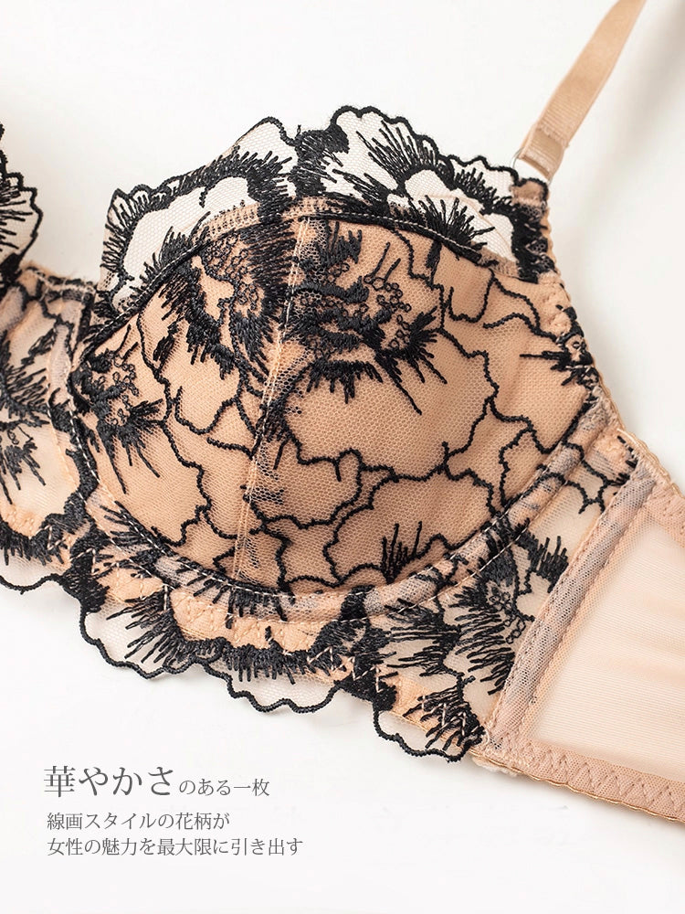 【エアリー・ワイヤー入り】エレガントな刺繍 ブラ＆ショーツセット
