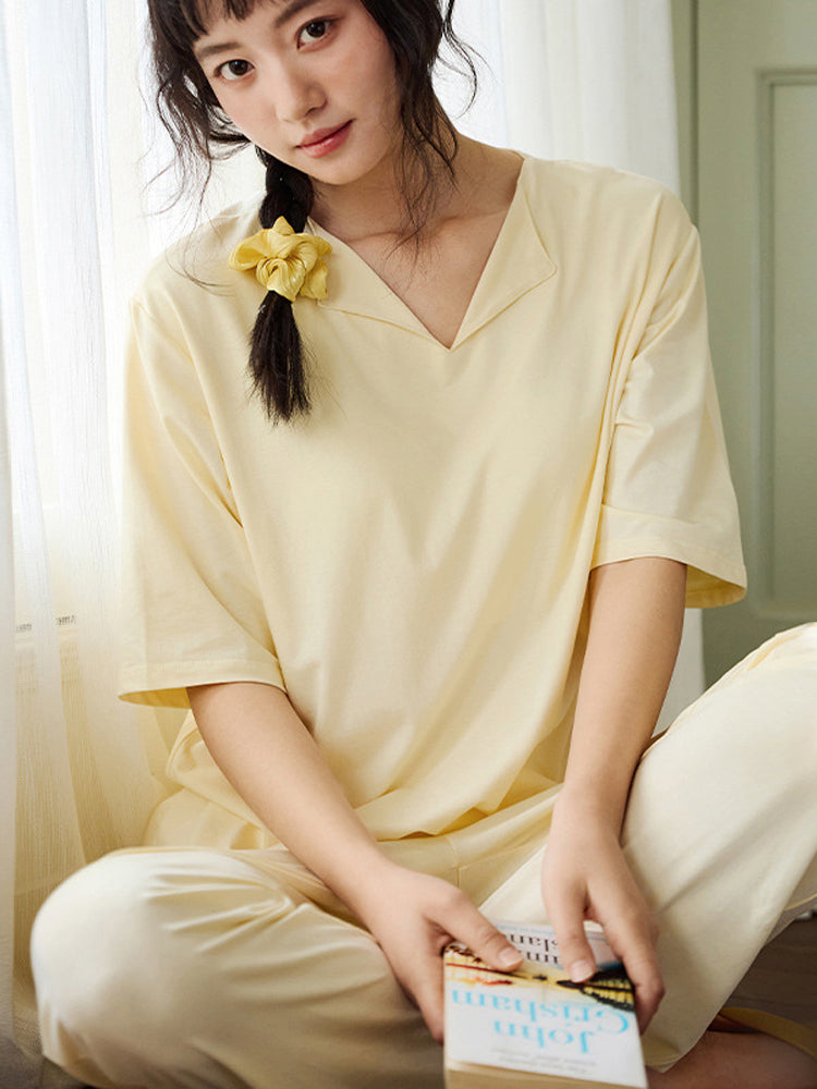 【ソフトタッチ】V ネック中袖 ルームウェア2点セット