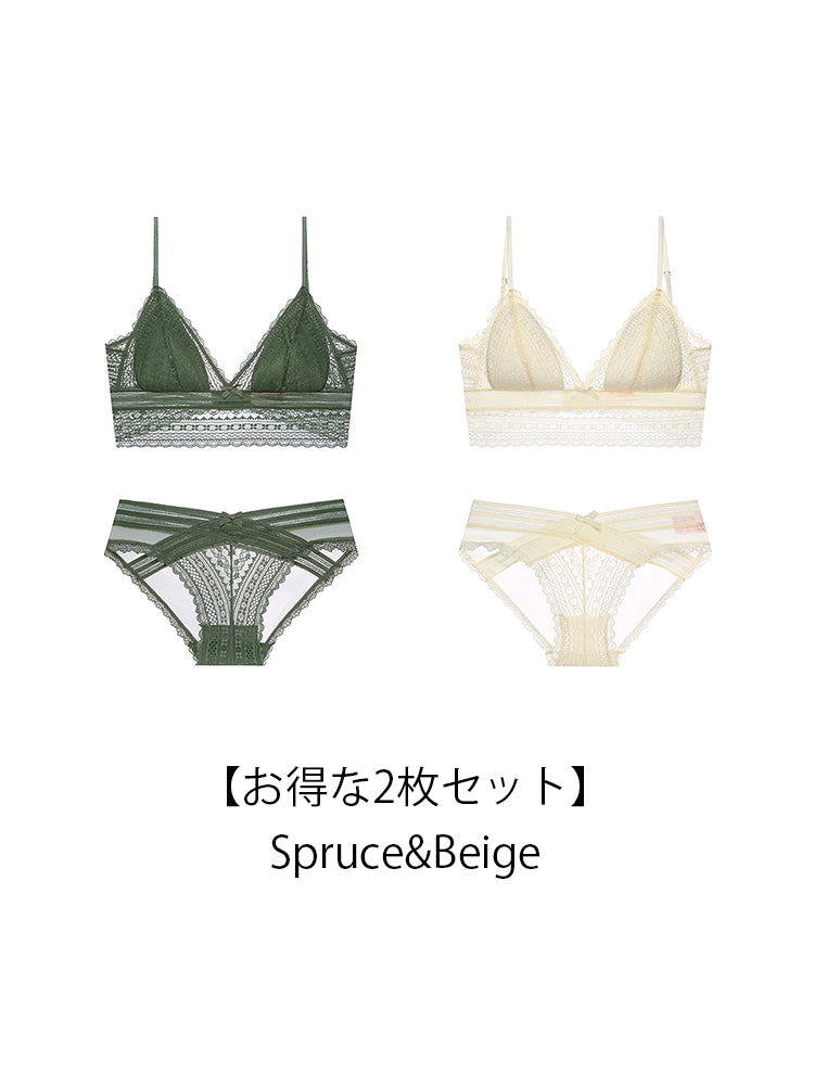 【Natural Fit】Vネック 総レースノンワイヤーブラ＆ショーツ