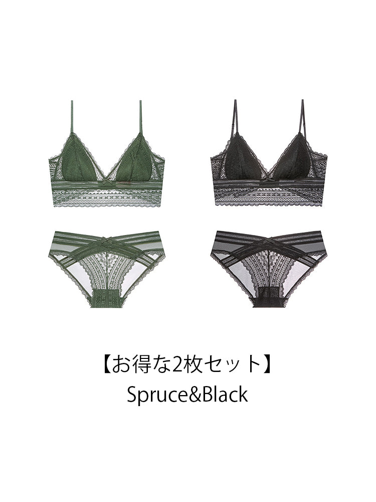 【Natural Fit】Vネック 総レースノンワイヤーブラ＆ショーツ