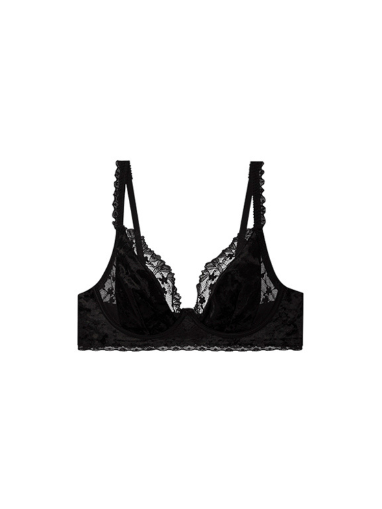 【エアリー・ノンワイヤー】上品な光沢のベロア＆レース ブラ＆ショーツ