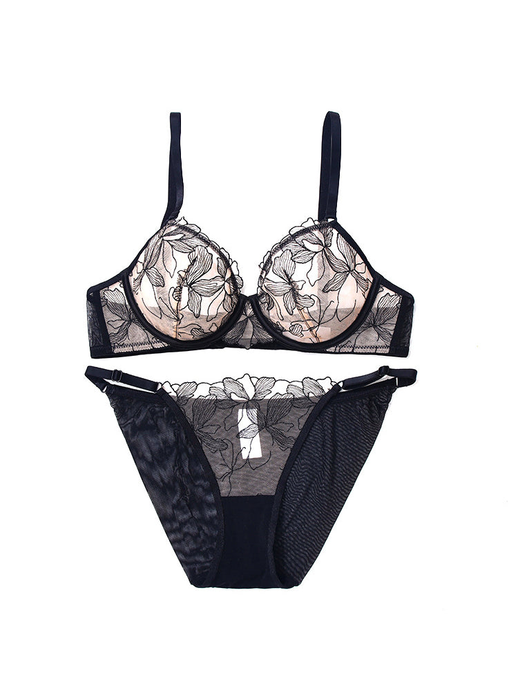【ノンカップ・ワイヤー入り】大人セクシー 刺繍レースブラ＆ショーツ