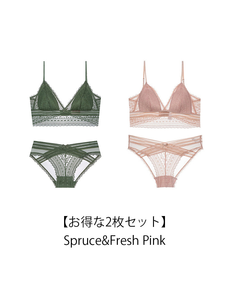 【Natural Fit】Vネック 総レースノンワイヤーブラ＆ショーツ