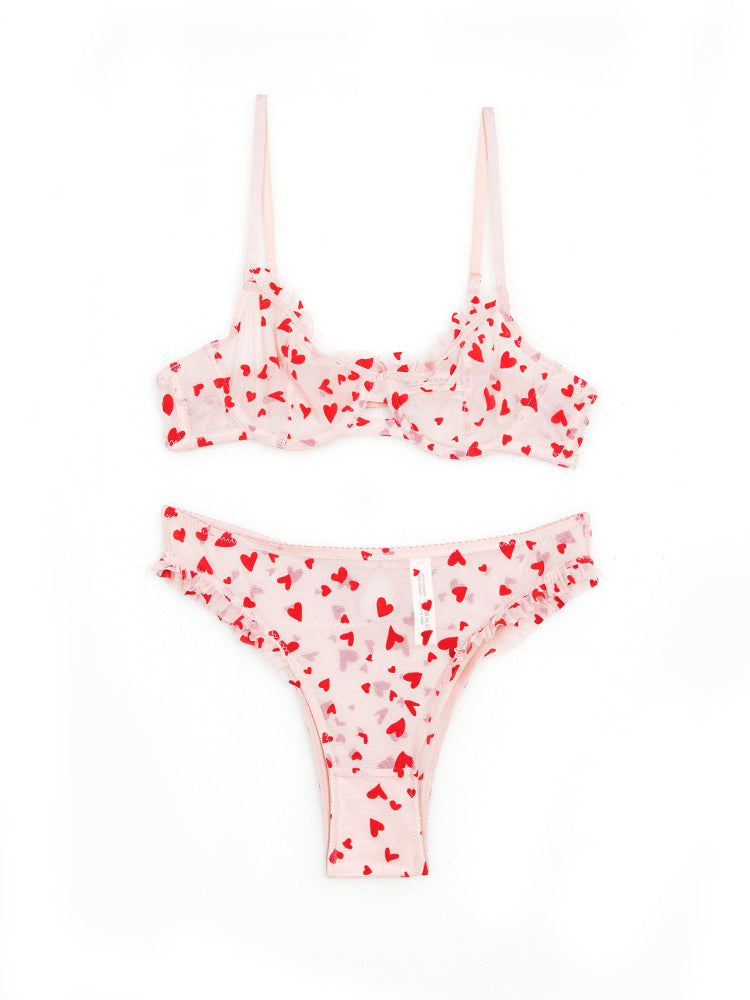 【Goddess Series】ハート柄シアーレースブラ＆ショーツ