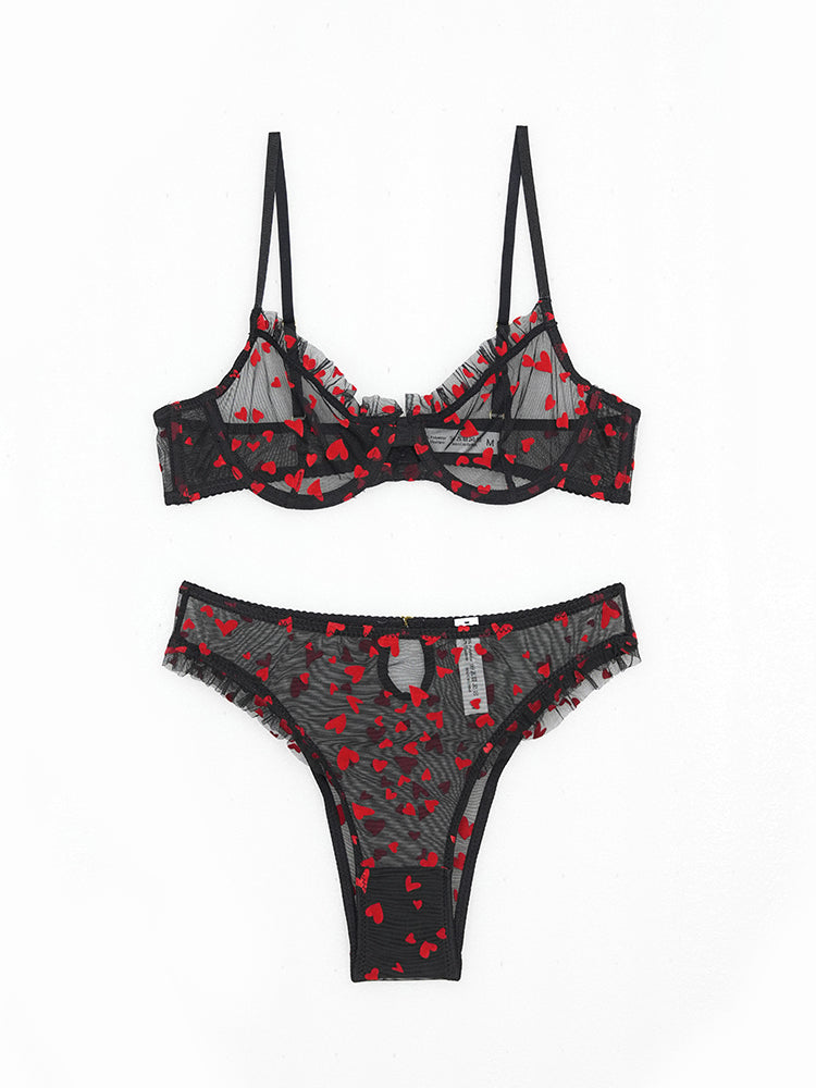 【Goddess Series】ハート柄シアーレースブラ＆ショーツ