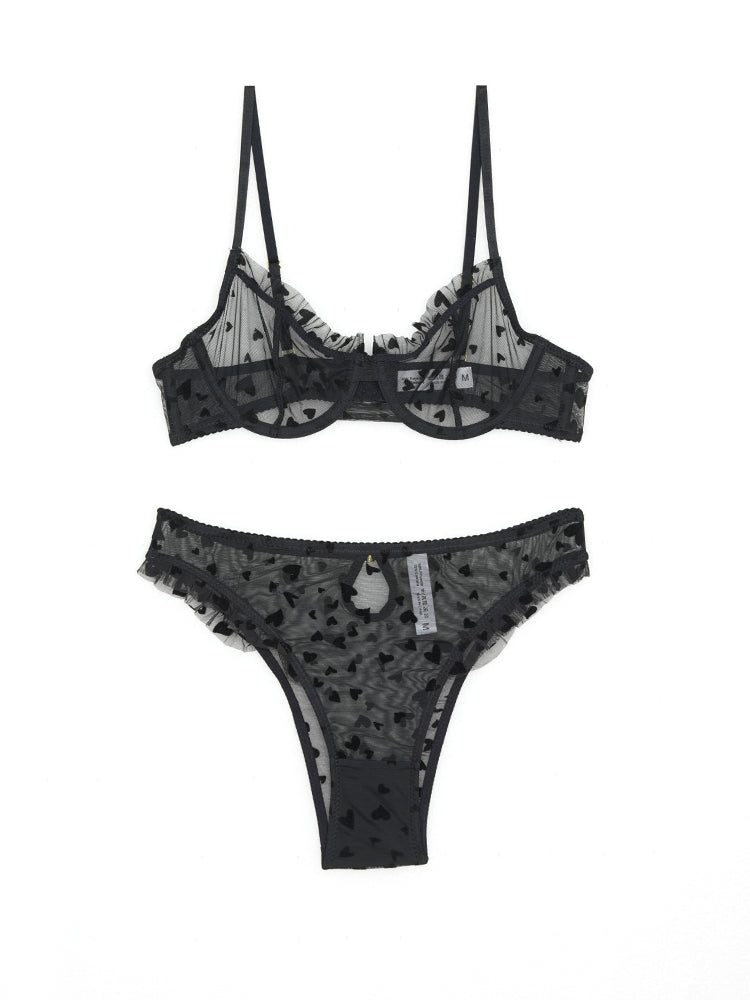 【Goddess Series】ハート柄シアーレースブラ＆ショーツ